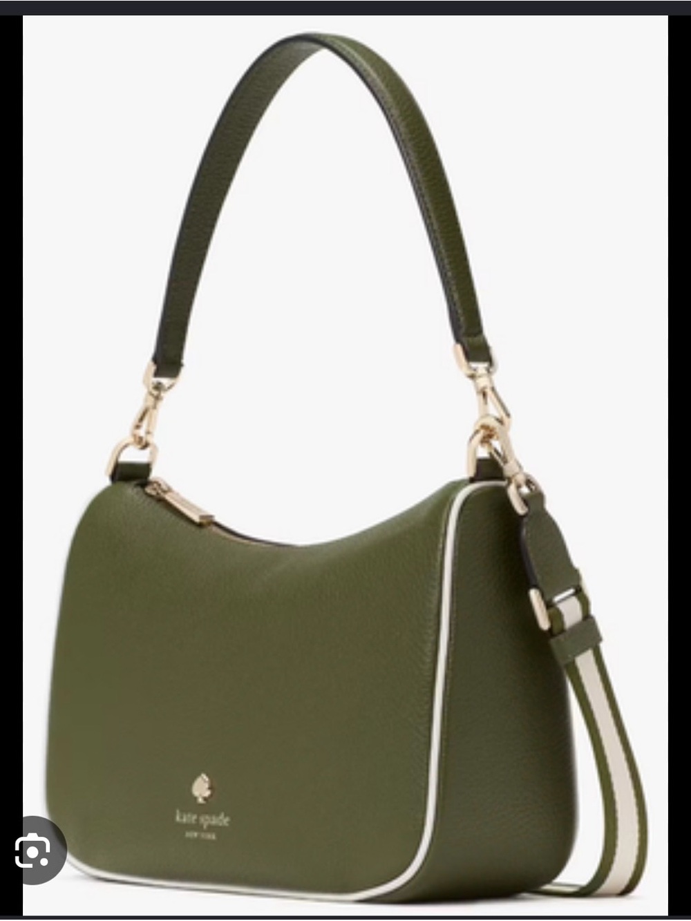 kate spade Olive Green Pebbled Leather Shoulder Bag with White Trim